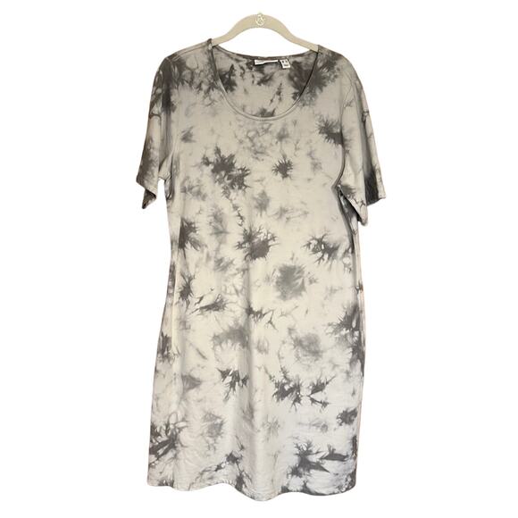 Denim & Co Gray Tie Dye Terry Short Sleeve Scoop Neck Dress Size Medium - Picture 2 of 7